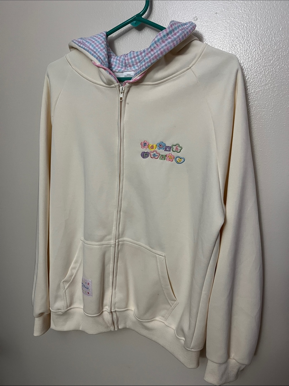 Kids Cream Zip-Up Hoodie with Pastel Embroidery